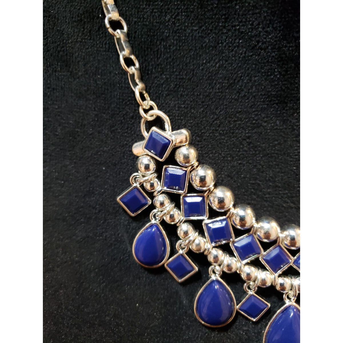 Women Silver Tone Blue Teardrop Square Bead Layered Statement Necklace Jewelry