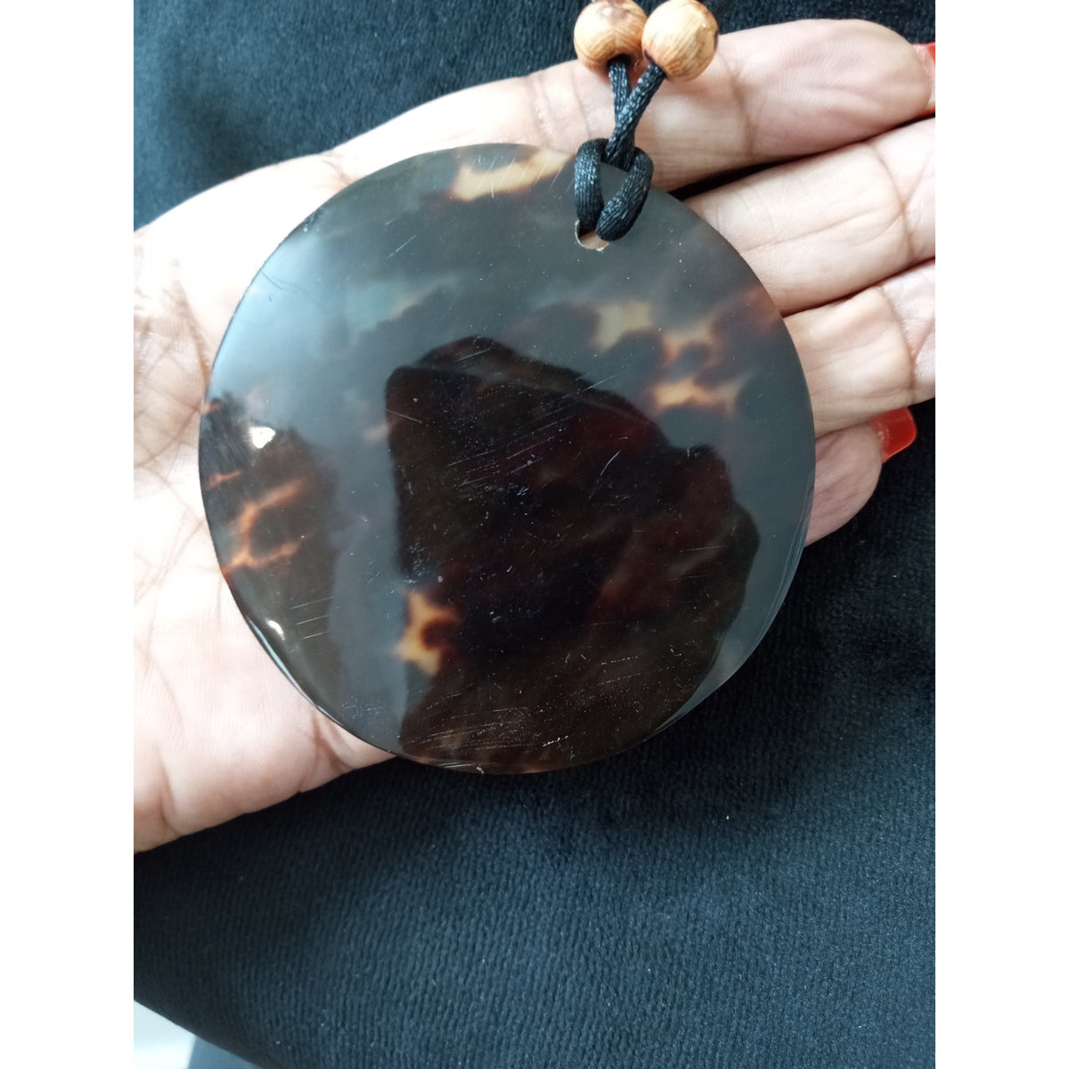 Brown Shell Disc Pendant Necklace Black Cord Boho Natural Statement Necklace