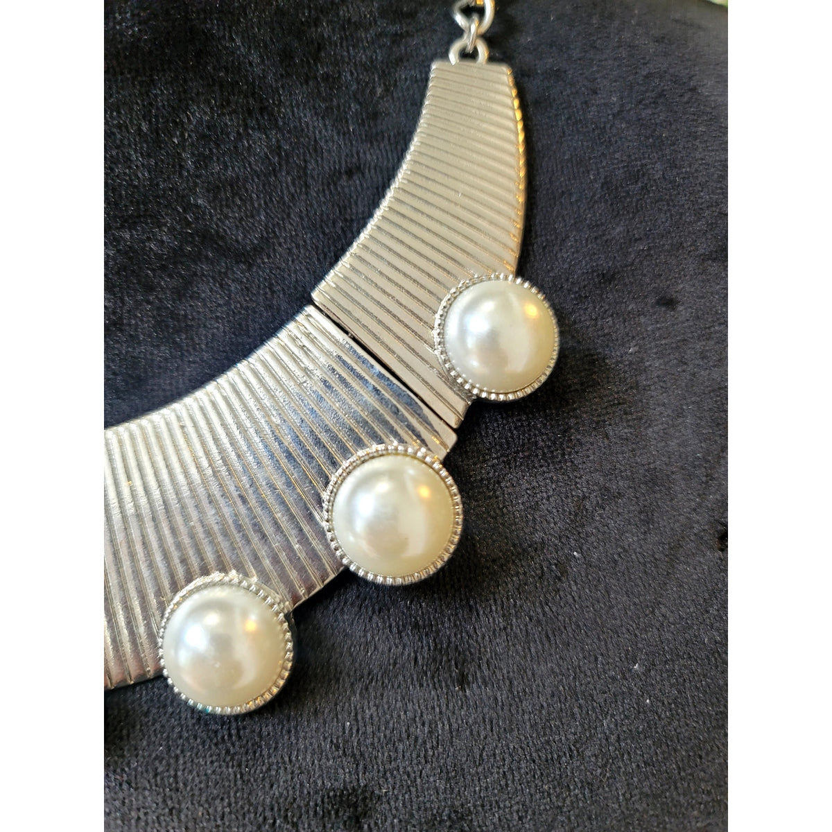 Silver Tone Pearl Cabochon Bib Statement Necklace Modern