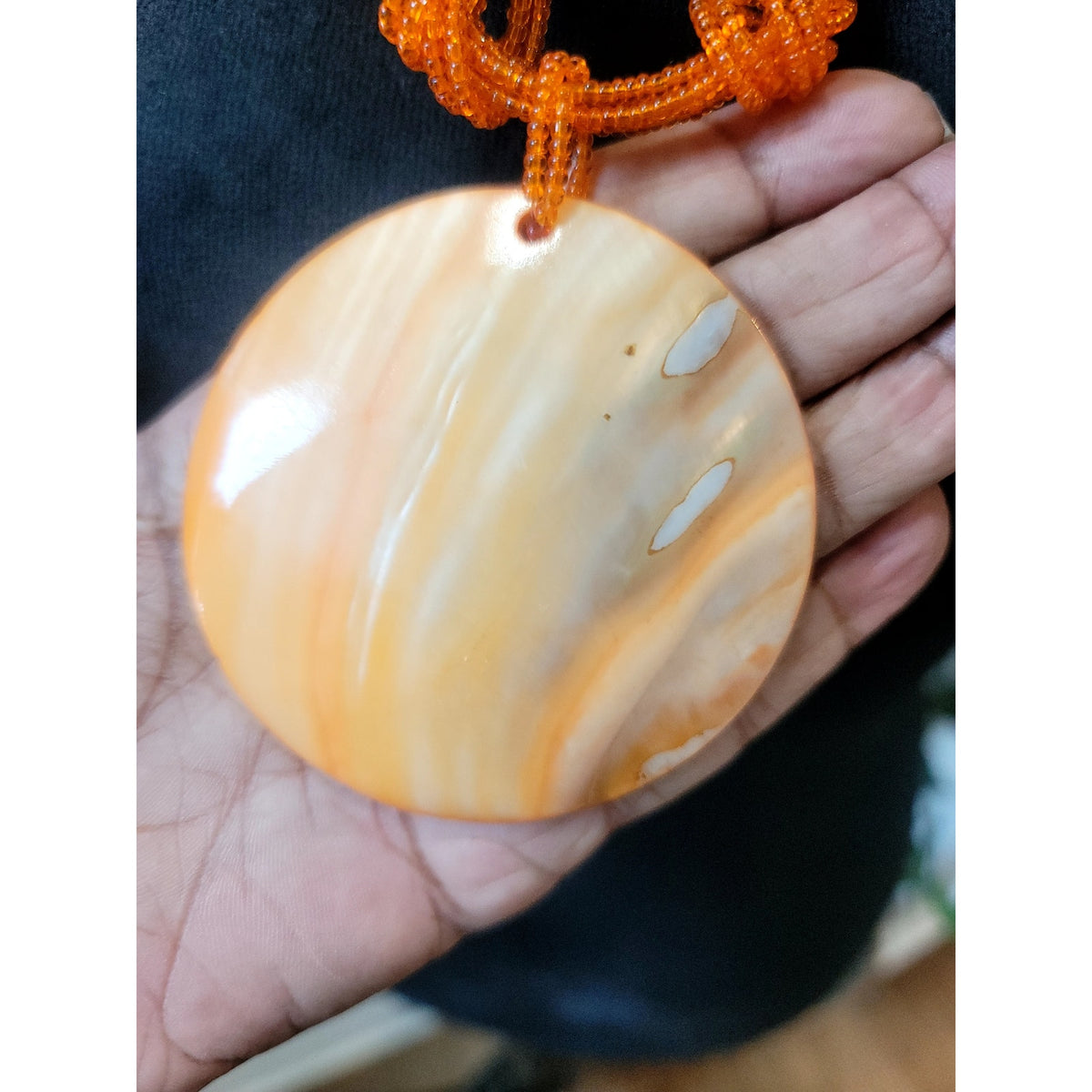 Orange Seed Bead Multi Strand Necklace Large Resin Disc Pendant Boho Statement