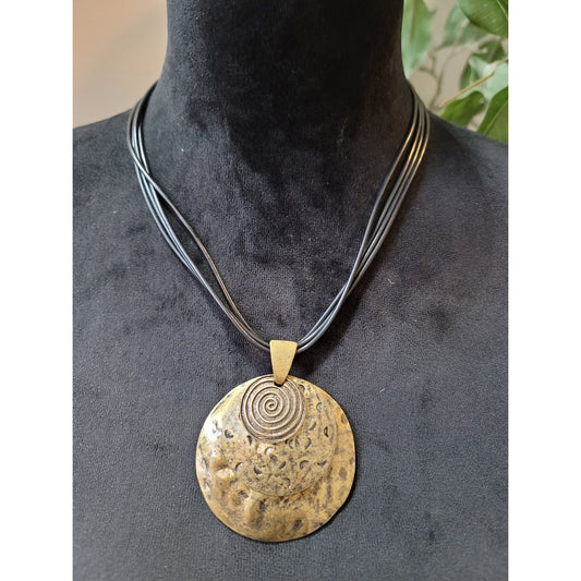 Women's Spiral Pendant Necklace with Bronze Disc and Black Leather Cord