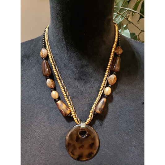 Womens 3 Layer Wood Resin Seed Beads Animal Print Pendant Necklace with Lobster