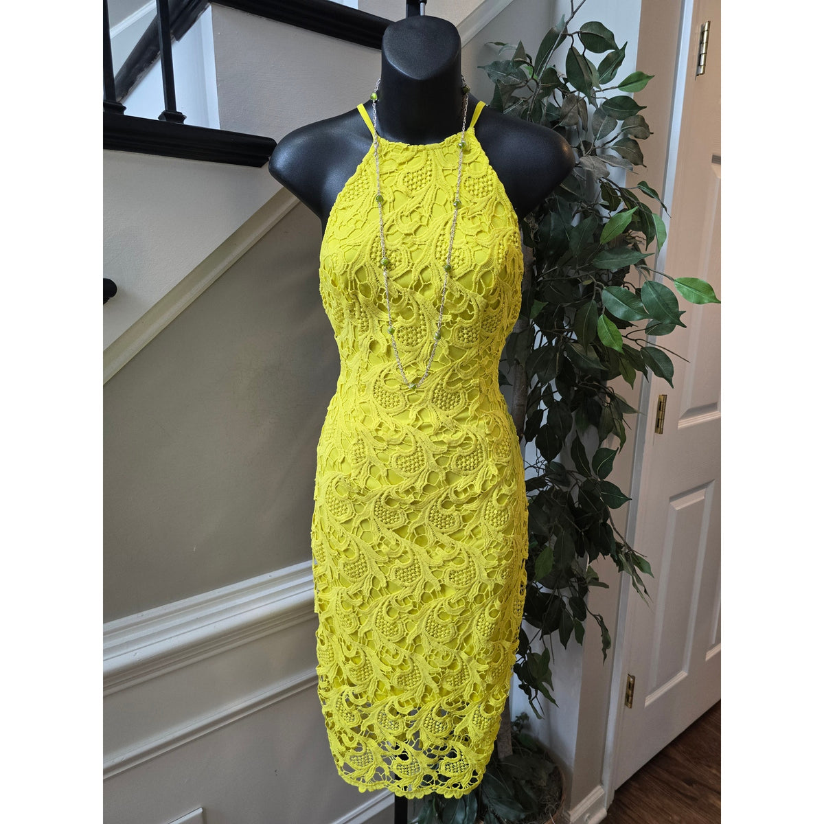 Midi Dress Womens Chest XS Yellow Floral Crochet Lace Back Zipper Halter Neck .