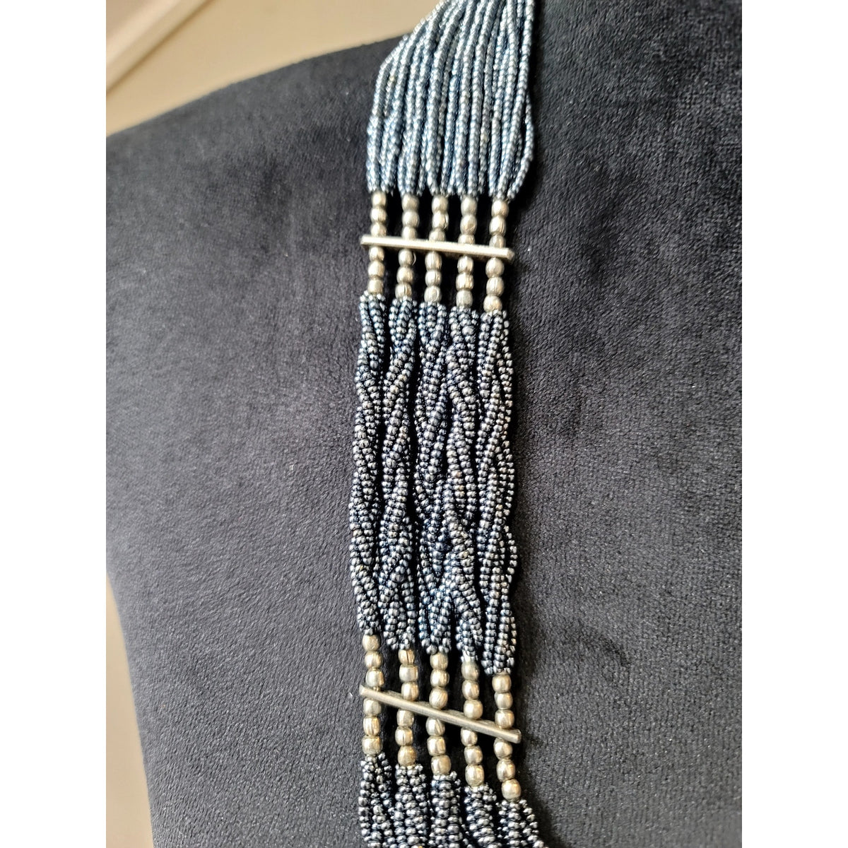Gray Multi Strand Seed Bead Statement Necklace Gold Tone Accents