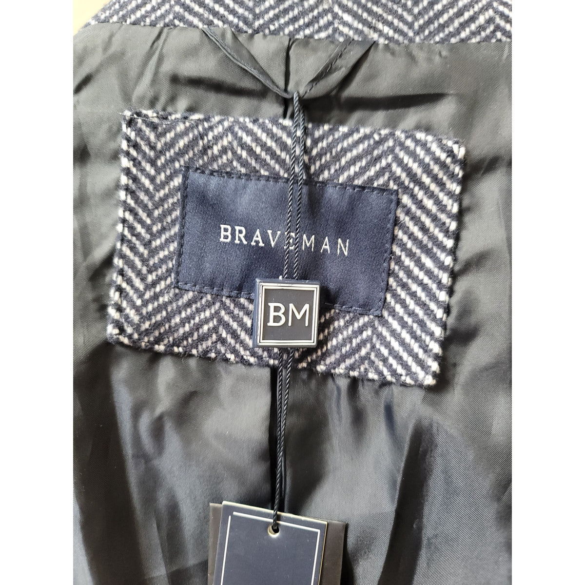 Brave Man Overcoat Men's Medium Navy Polyester Blend Herringbone Two Pockets