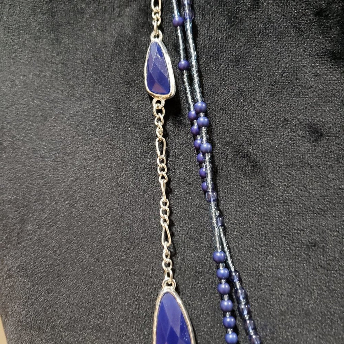 Womens Fashion Black Blue Rhinestones Long Collar Necklace with Lobster Clasp