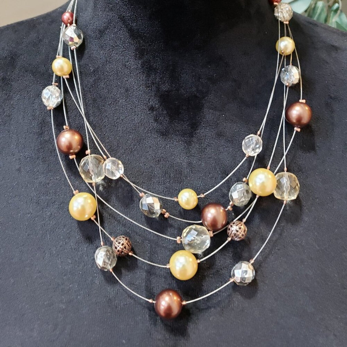 Women's Multi Strands Floating Faux Pearls Crystals & Balls Necklace Jewelry
