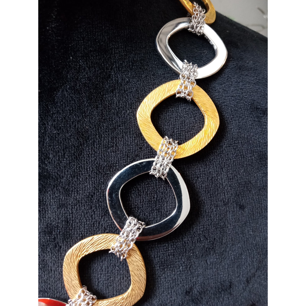 Two Tone Gold Silver Open Link Statement Necklace Rhinestone Accent Geometric