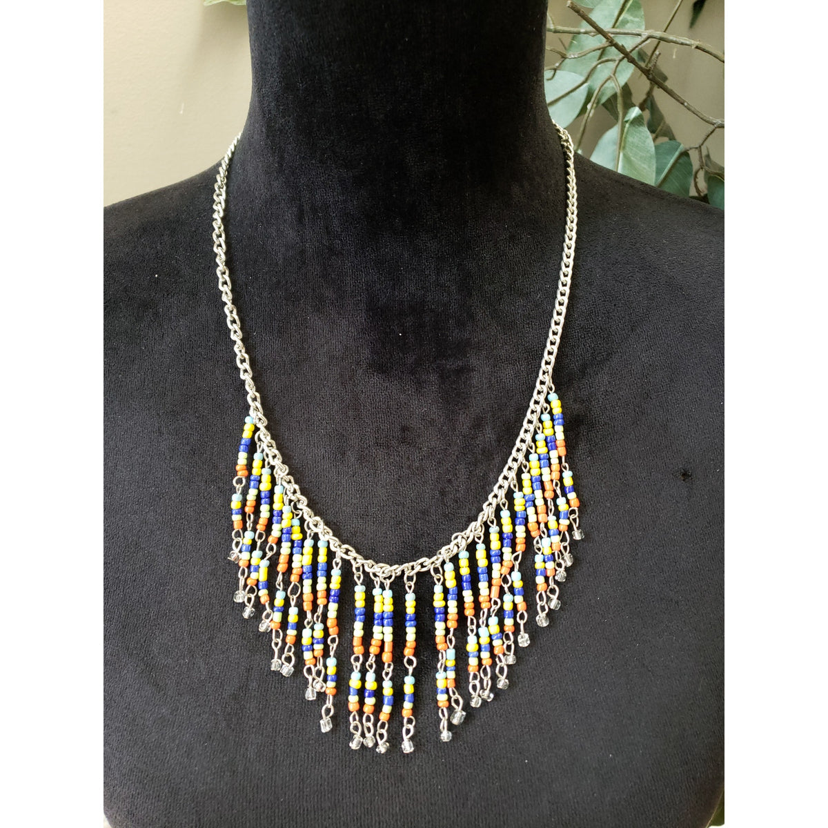 Womens Silver Tone Multi-color Seed Beads Fringed Statement Necklace Jewelry