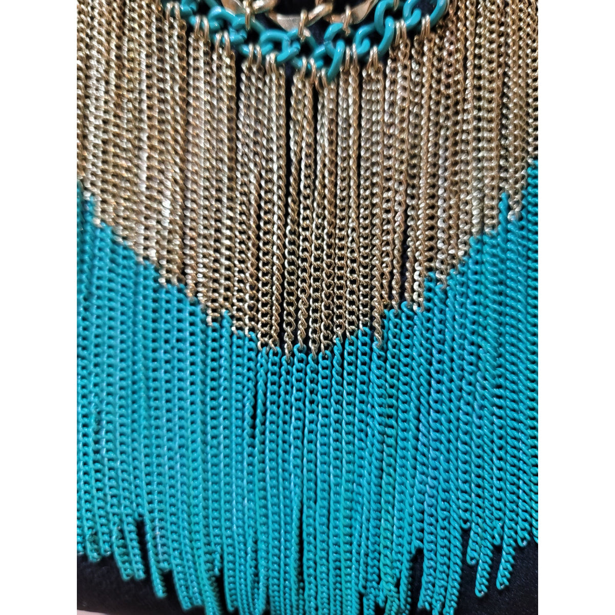 Women's Turquoise And Gold Fringe Statement Necklace With Lobster Clasp Lock