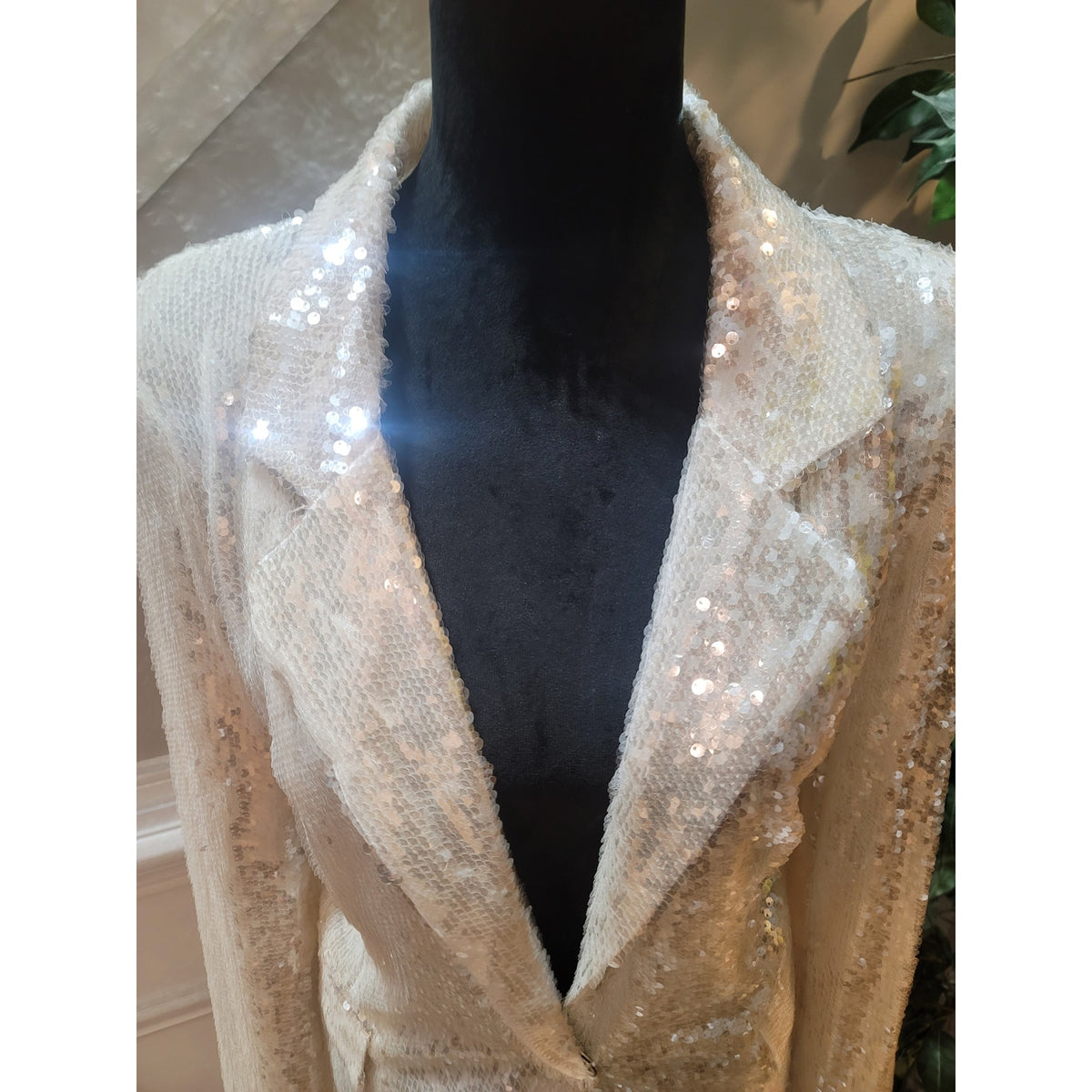 Celebrity Sequin Blazer Women's Large White Snap Button Fully Lined Faux Pockets