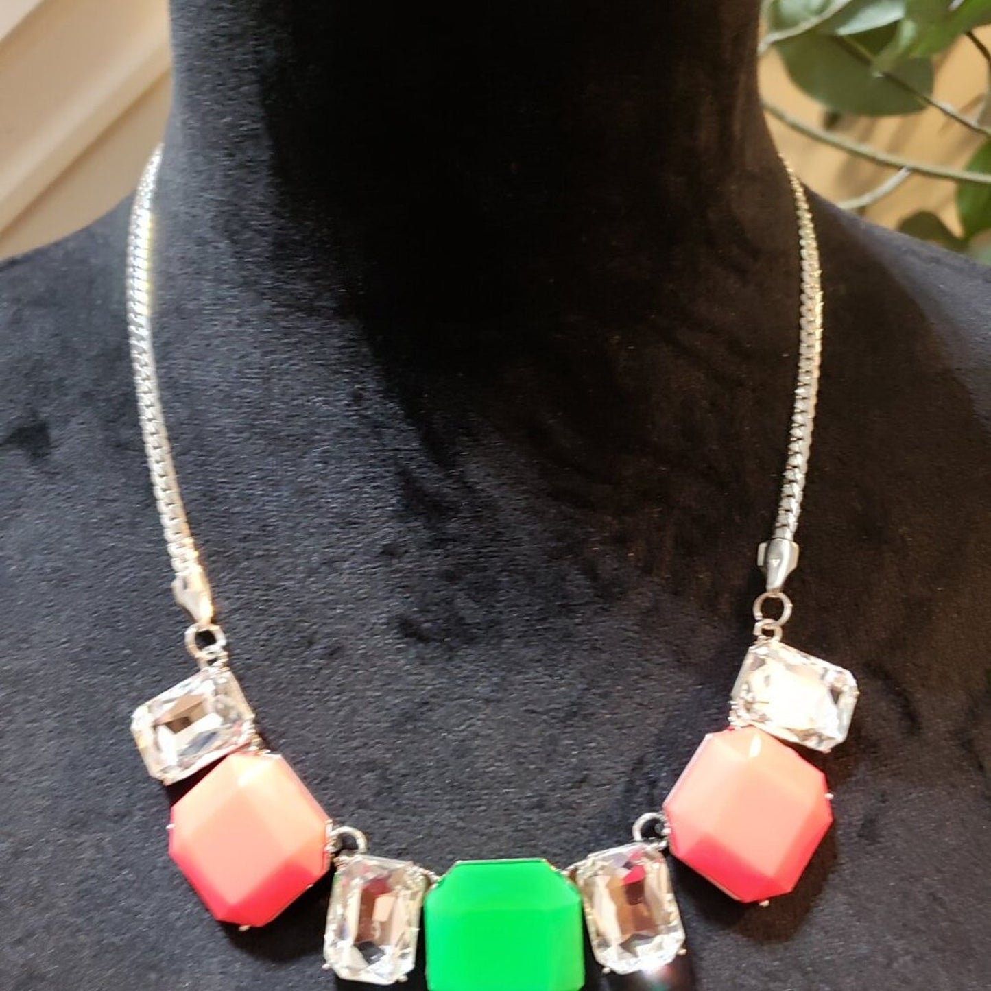 Womens Fashion Royal Crest Pink Green Bib Necklace Jewelry with Lobster Clasp