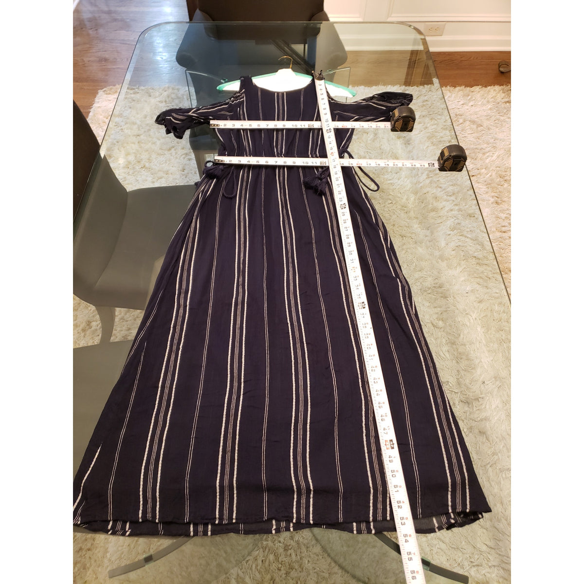 LOFT Maxi Dress Womens S Blue Striped Rayon Lined Tie Waist Cold Shoulder Sleeve