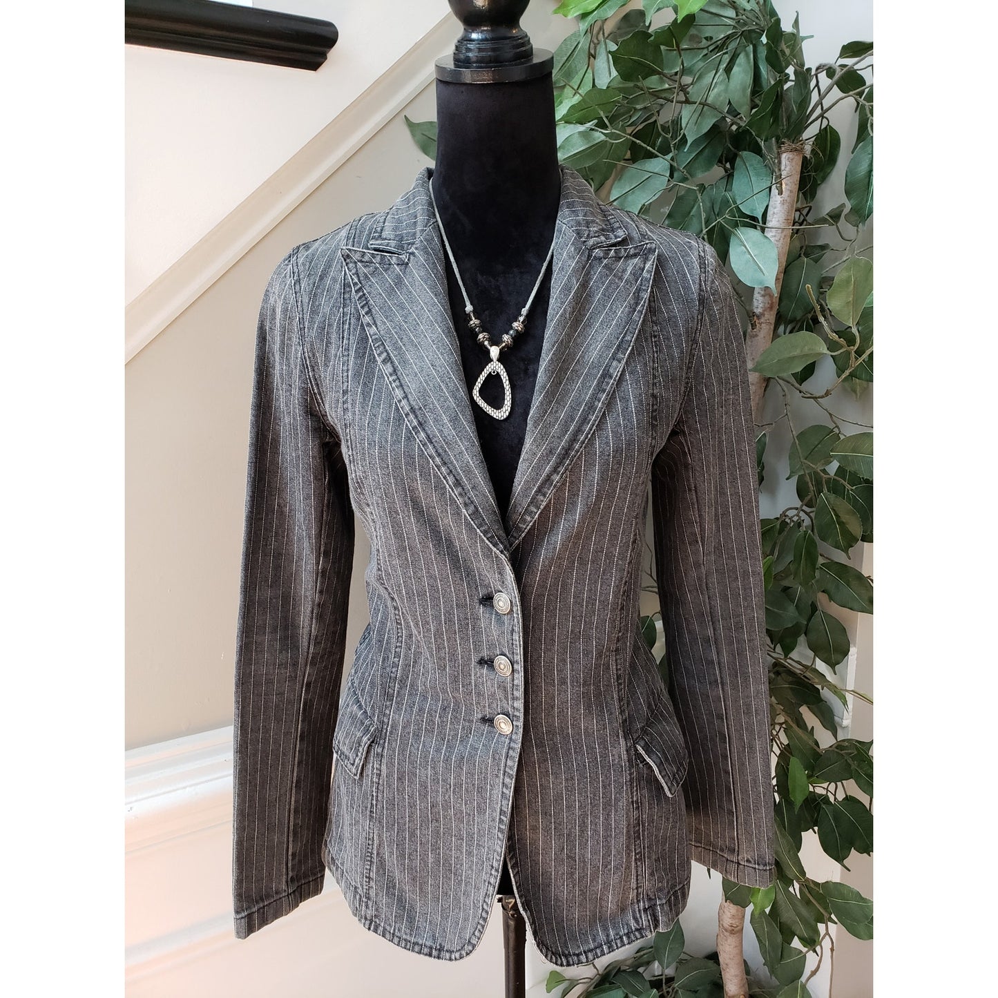 Carlo's Denims Blazer Jacket Women Small Gray Striped Peak Lapel Single Breasted
