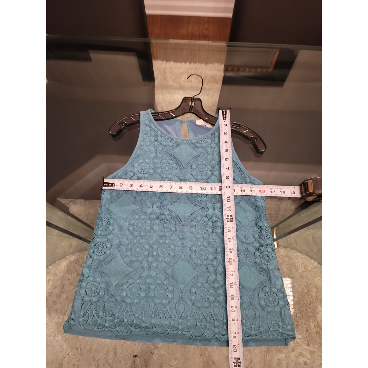 Loft Ann Taylor Tank Top Women's SZ XS Teal Blue Floral Crochet Hem Round Neck