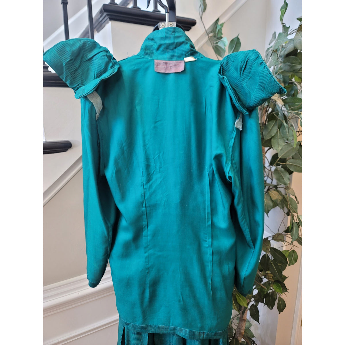 Vintage Silk Club Skirt Suit Medium Teal Green Houndstooth Plaid  Blazer