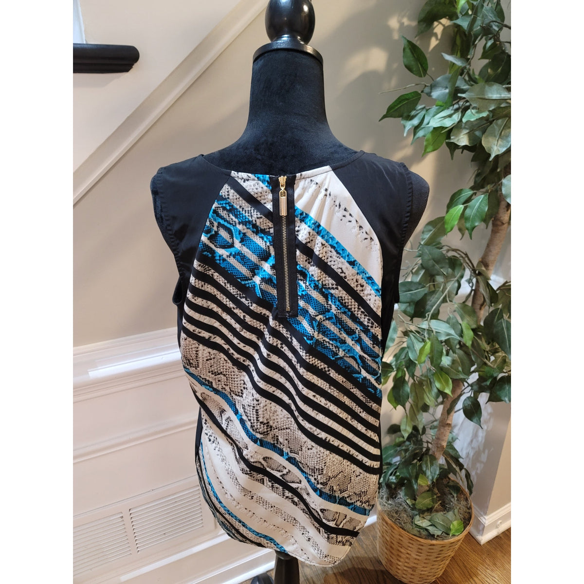 Alfani Blouse Top Women's SZ 14 Petite Multicolor Stripe Snake Print Zipper Back
