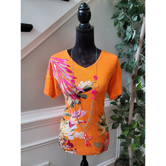 Chicos Top Women's Size 0/Small Orange Linen Floral Fox Graphic Short Sleeve