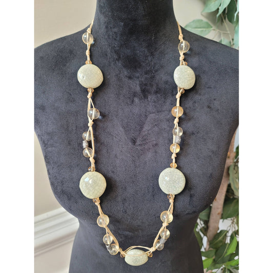 Women’s Long Beaded Necklace Set Round Crackle Beads Hook Earrings Boho Style