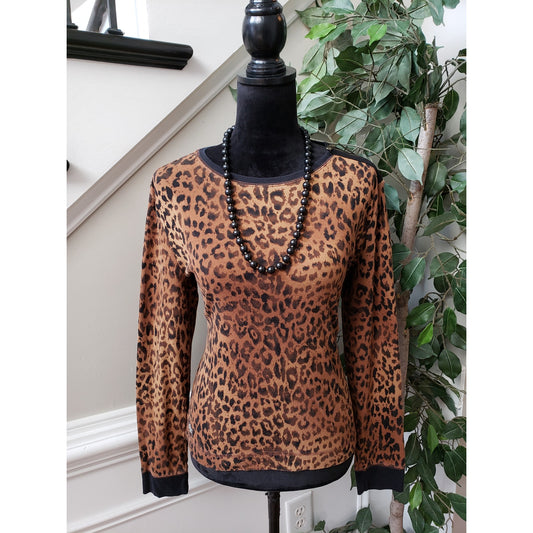 Lauren Ralph Lauren Sweater Women XL Brown Leopard Print Crew Neck Shoulder Zip