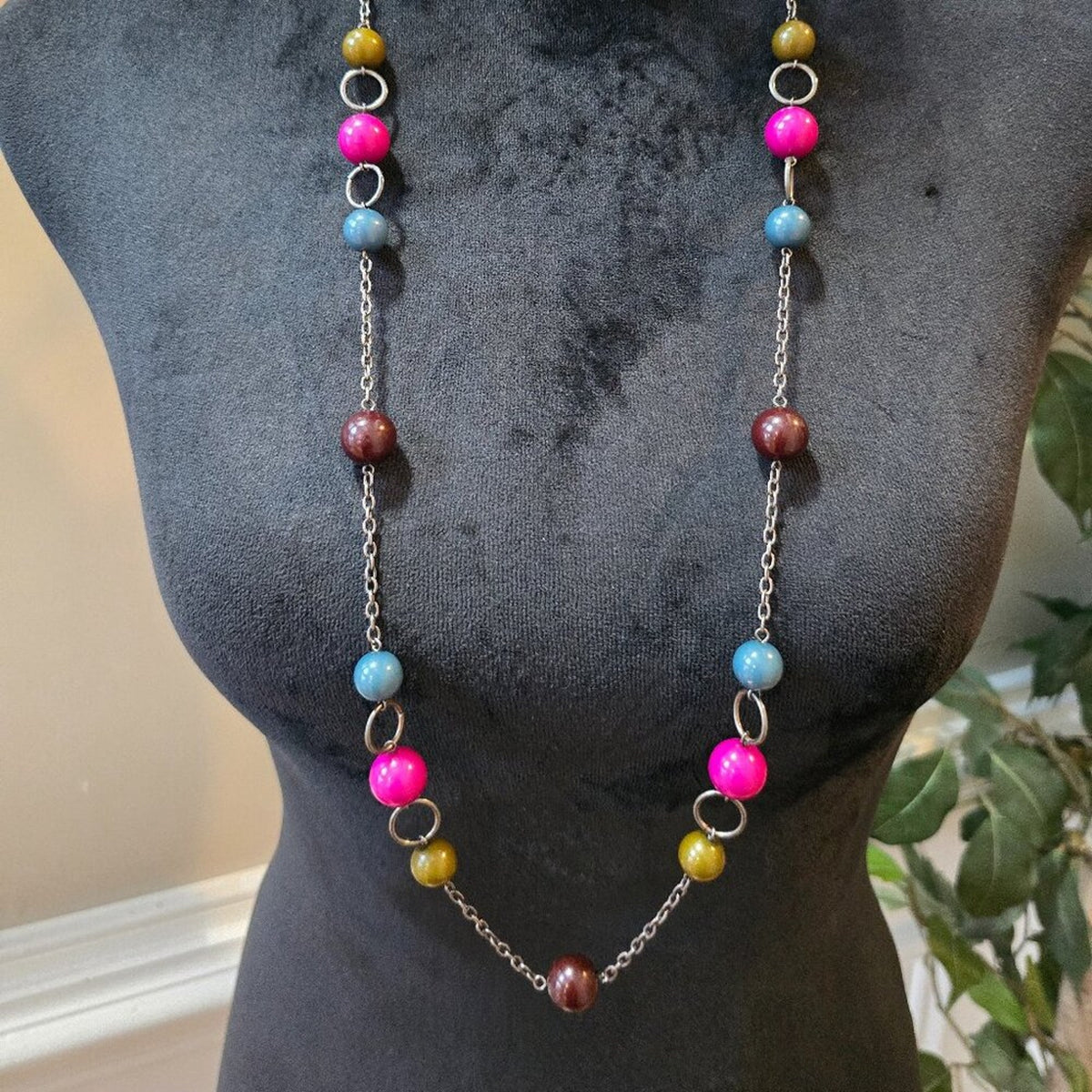 Womens Fashion Multi Linked Assorted Beads Silver Chain Long Necklace w/ Lobster