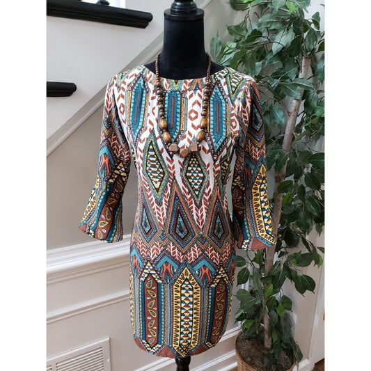 GLAM Womens Multicolor 100% Polyester Round Neck Long Sleeve Knee Length Dress S