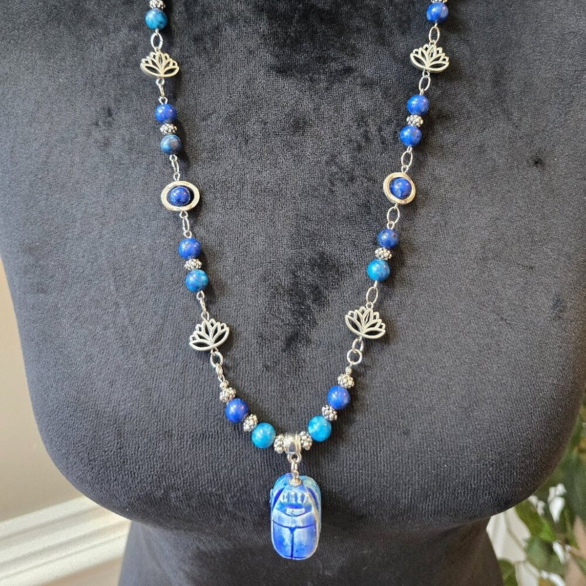 Womens Brillant Blue Firefly Lapis Scarab Beaded Necklace with Lobster Clasp