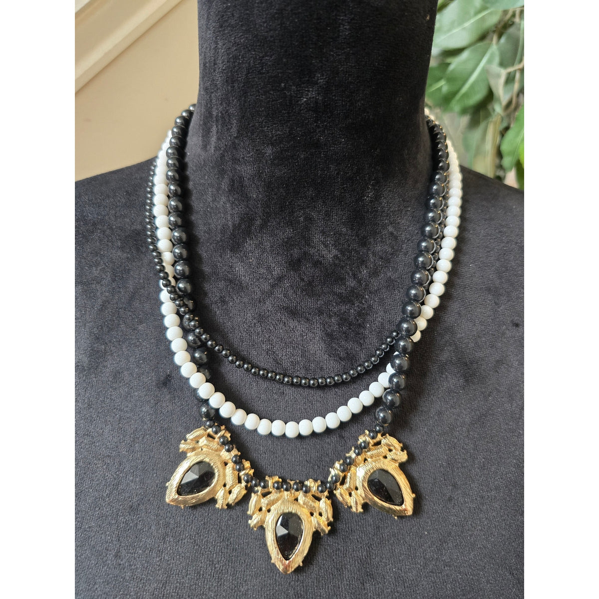 Black White Multi Strand Crystal Statement Necklace