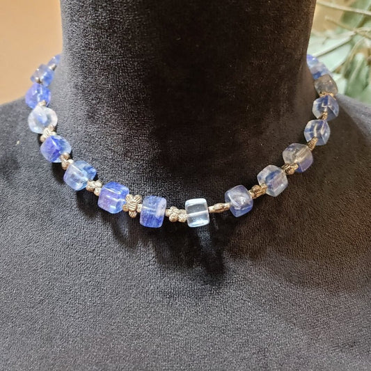 Womens Blue Crystal Beaded Silver Tone Metal Flower Necklace with Toggle Clasp
