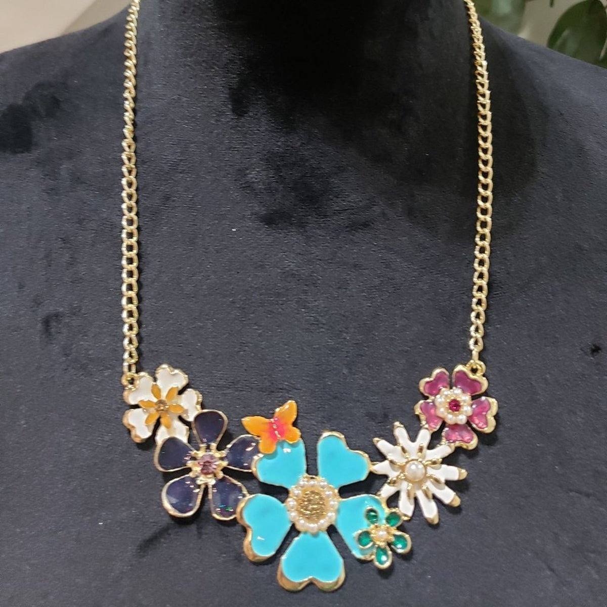 Alilang Golden Tone Enamel Flower and Butterfly Bib Statement Necklace Rhineston
