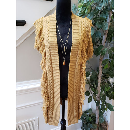 Cato Established Cardigan Sweater Women's S Yellow Cable Knit Fringed Open Front