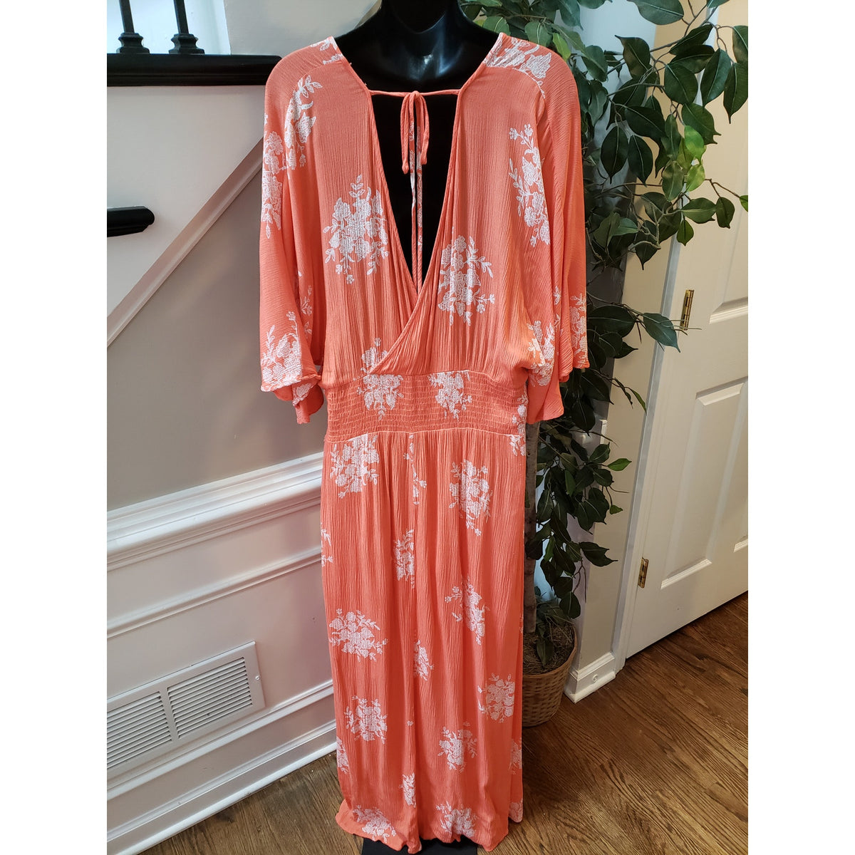 Oddi Long Maxi Dress Women's Size 2XL Orange Smocked Waist V Neck Kimono Sleeve