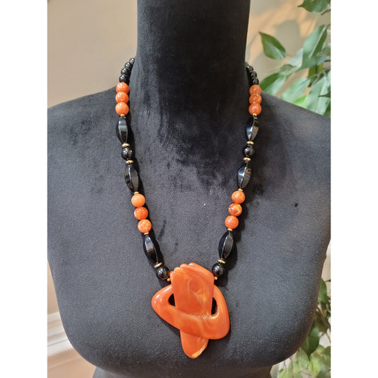 Women's Vintage Orange Black Beaded Statement Necklace Large Pendant Jewelry