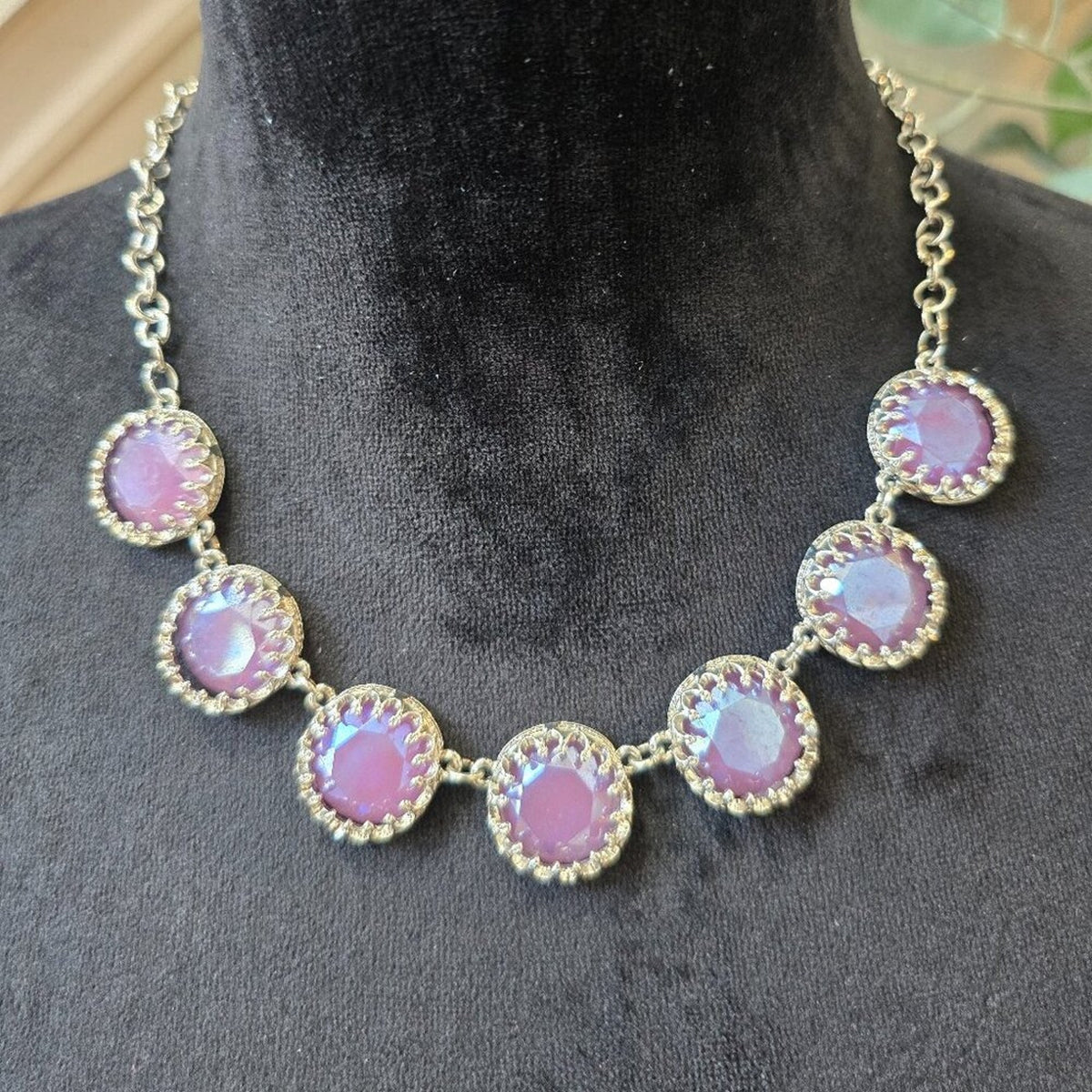 Women Pink Shiny Crystal Statement Silver Tone Chain Necklace with Lobster Clasp