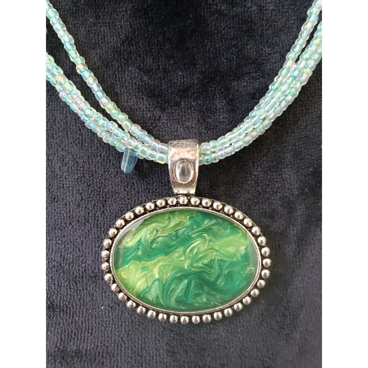 Womens 3 Strand Rainbow Seed Beads Chains Green Enamel Pendant Necklace w/ Claw