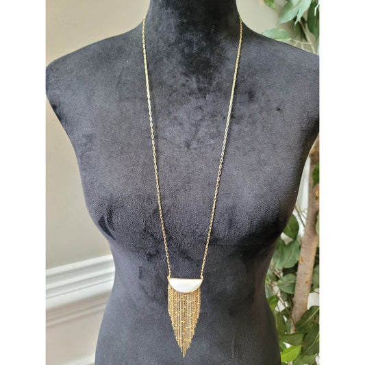 Women's Gold Chain Necklace With White Stone Fringe Pendant And Lobster Clasp