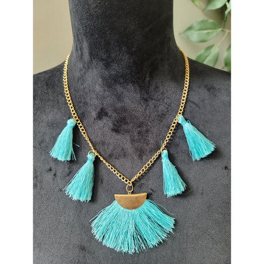 Womens Turquoise Tassel Statement Necklace with Gold Chain and Half-Moon Pendant