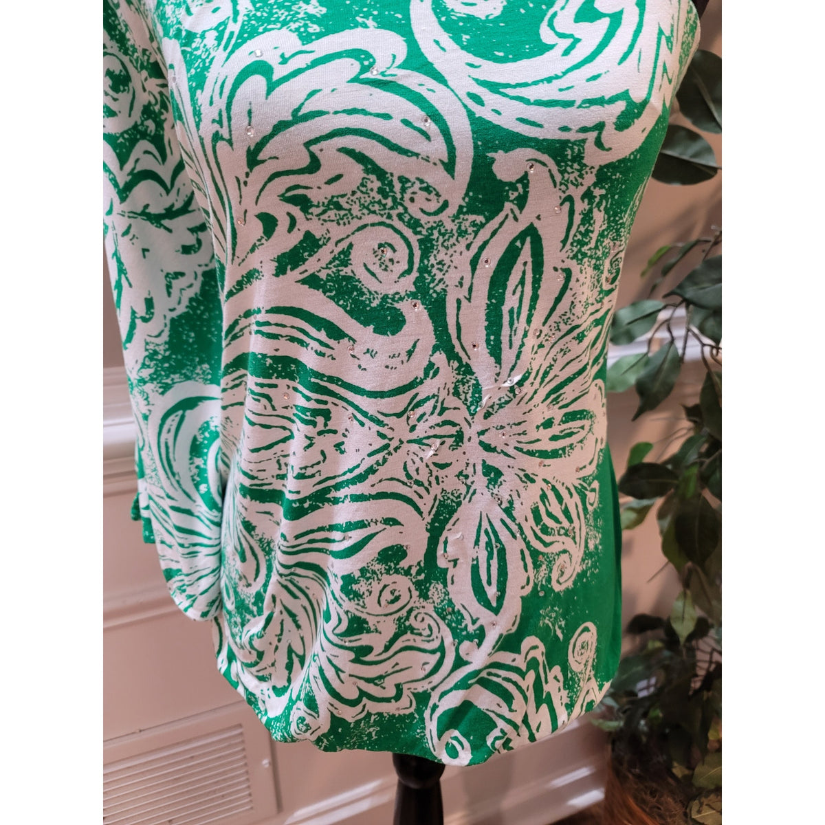 INC Blouse Top Women's Large Green/White Paisley Rhinestone One Shoulder Sleeve