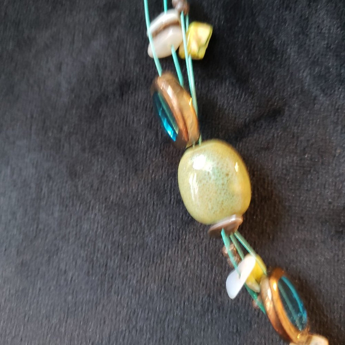 Womens Blue Green Ceramic Glass Wood Shell Collar Necklace with Lobster Clasp