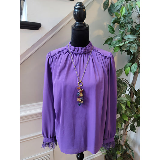 Fab'rik Blouse Small Purple Intricate Lace Trim Ruffle Mock Neck Casual Party