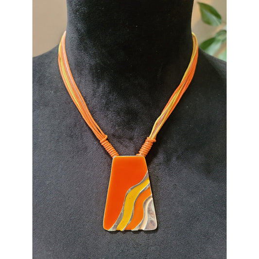 Women Statement Necklace w Earring Set Orange Geometric Pendant Multistrand Cord