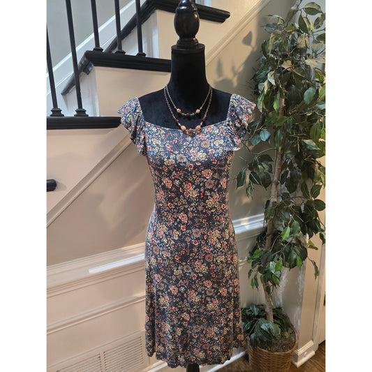 Loft Shift Dress Women's Medium Multicolor Floral Square Neck Flutter Sleeves