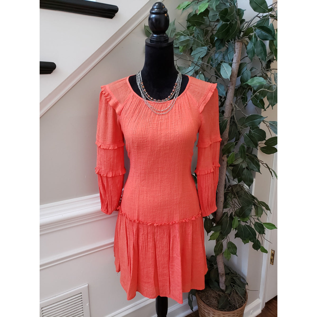 Harper 241 A-Line Dress Womens Small Coral Balloon Sleeve Frill Hem Lined