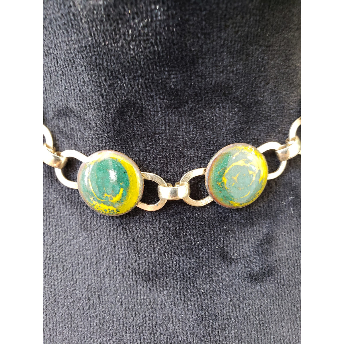 Womens Gold Tone Green Dragon’s Breath Cabochon Station Necklace with Hook & Eye