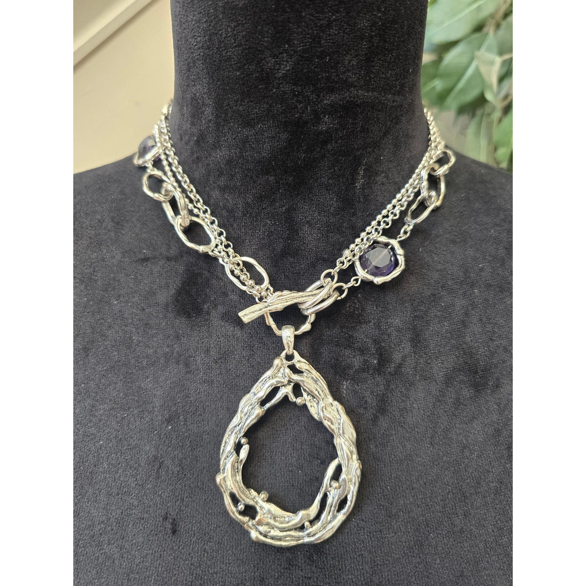 Silver Tone Layered Chain Oversized Open Teardrop Pendant Toggle Necklace