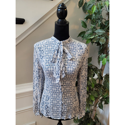 Lucky Brand Blouse SP Black White Abstract Tie Neck Curved Hem Casual Button-Up