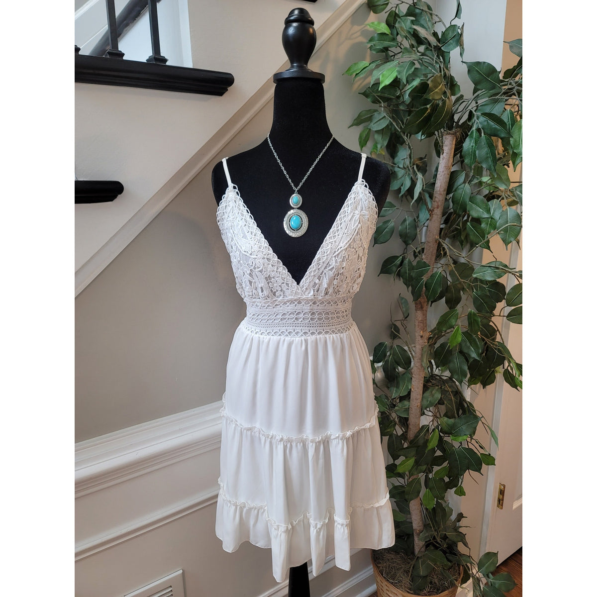 Ecowish Sundress Women Size L White Lace Tiered Sleeveless Summer Beach Casual