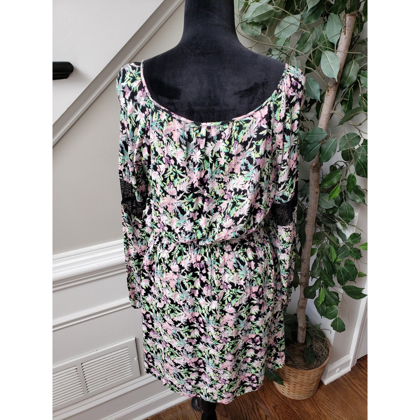 Princess Vera Fit & Flare Dress Women Large Black Floral Round Neck Long Sleeve