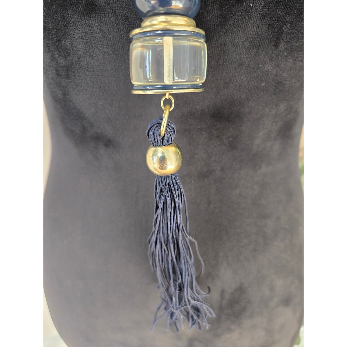 Navy Blue Beaded Gold Tone Tassel Long Pendant Necklace