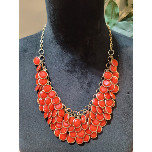Women's Statement Red Beaded Bib Necklace With Gold Chain And Lobster Claw Lock